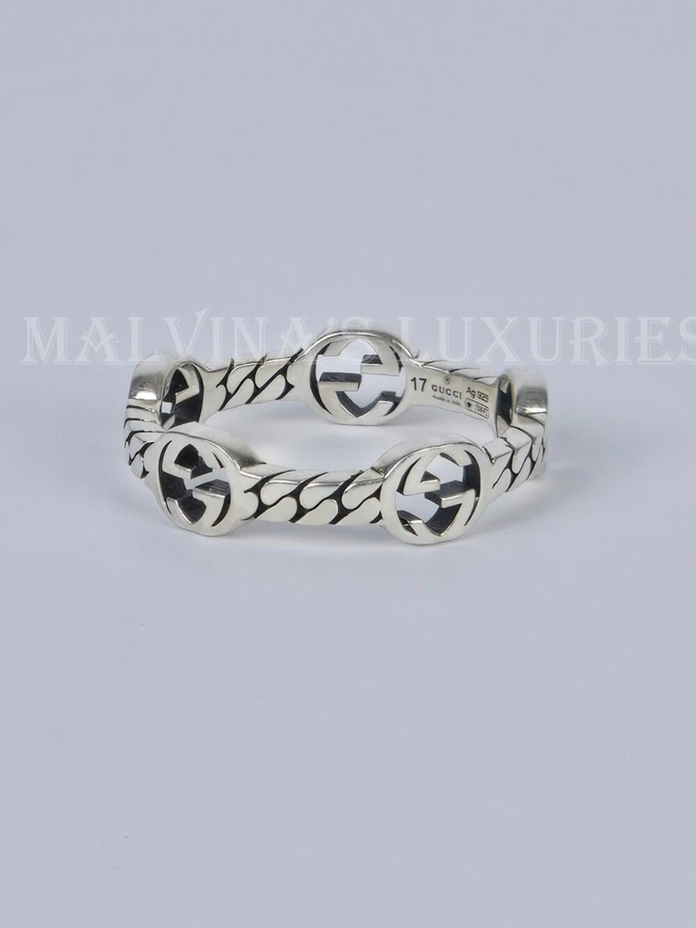 GUCCI RING STERLING SILVER GG LOGO MONOGRAM CHAIN BAND UNISEX sz 17 US 8 - Picture 12 of 16